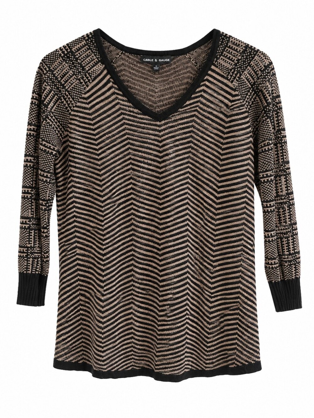 Cable & Gauge Women's Sweater Top Lightweight Black & Brown 3/4 Sleeves Size S